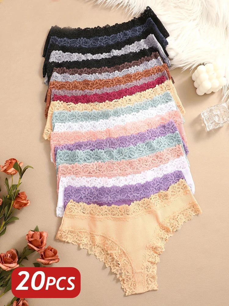20PCS Women Cotton Brazilian Panties Seamless Lace Thongs Low Rise Female Underwear Comfortable Sexy Lingerie Intimates Panties
