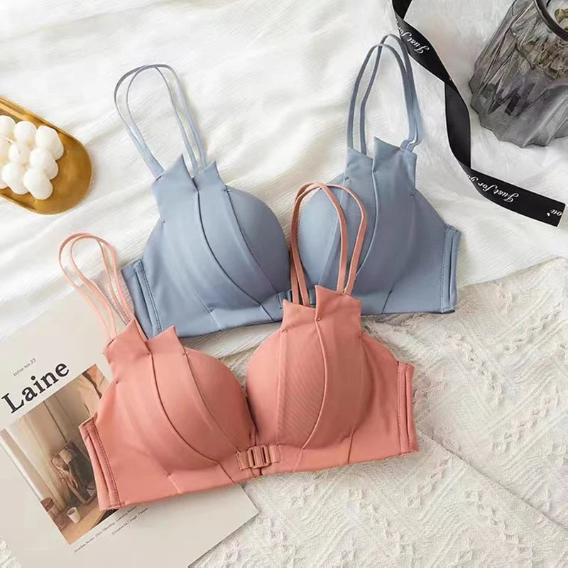 Sexy Front Button Underwear Women's Small Chest Gathered No Steel Ring Comfortable Anti-sagging Breasts Beautiful Back Black Bra