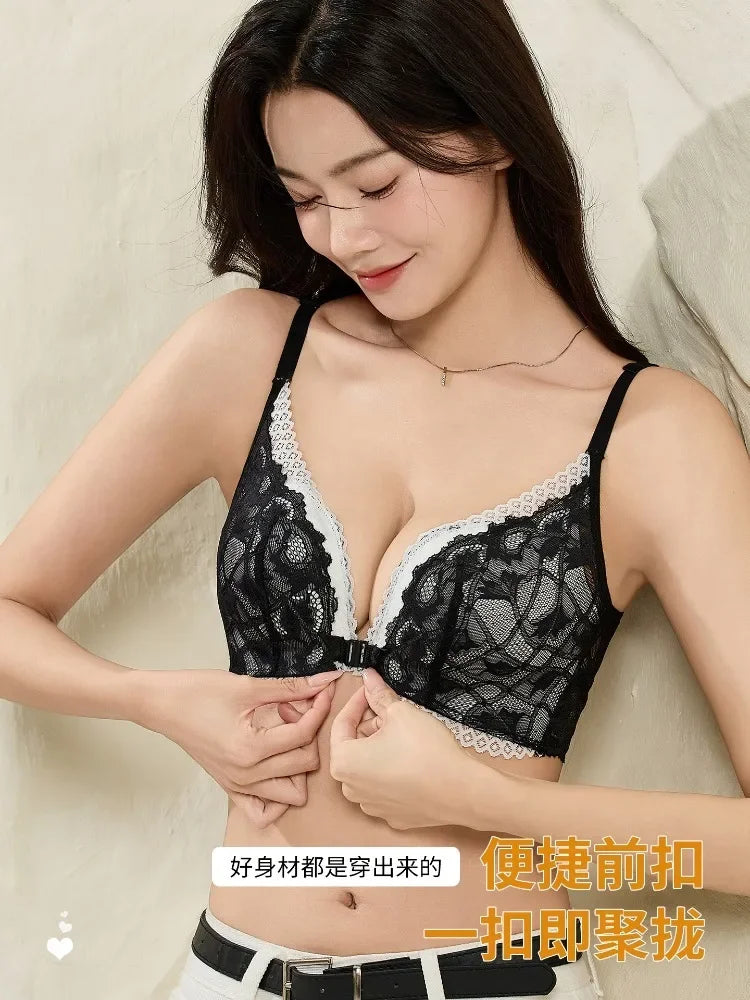 Front Hook Backless Bra Push Up Small Breasts, Sexy Lace Deep V Neck Adhesive Bra Gather Support Anti Sagging Sizes 34-42 M-3XL